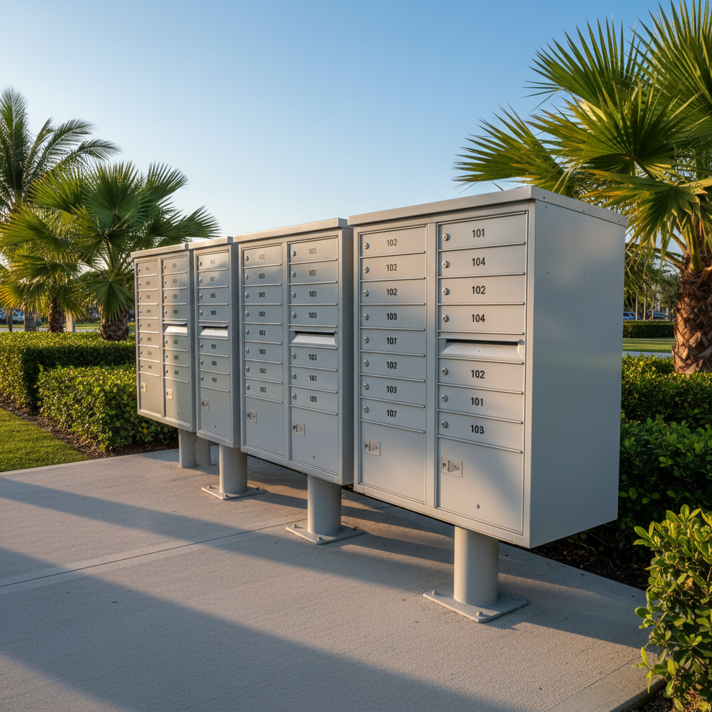 A row of outdoor USPS cluster box units (CBUs) in light gray metal, doors closed and aligned perfectly, each compartment labeled with crisp black unit numbers. The CBUs stand on a clean concrete pad at a Sunset district Miami apartment complex, framed by tropical landscaping with manicured hedges and palm fronds at the edges of the frame. Late afternoon golden-hour sunlight creates warm highlights on the brushed metal surfaces and soft, elongated shadows on the ground. The sky is clear and blue, reflecting subtly on the metal doors. Shot in photographic realism from a slightly low, three-quarter angle, the composition uses the rule of thirds to create a calm, professional, instructional mood ideal for explaining how CBUs work on a city route.