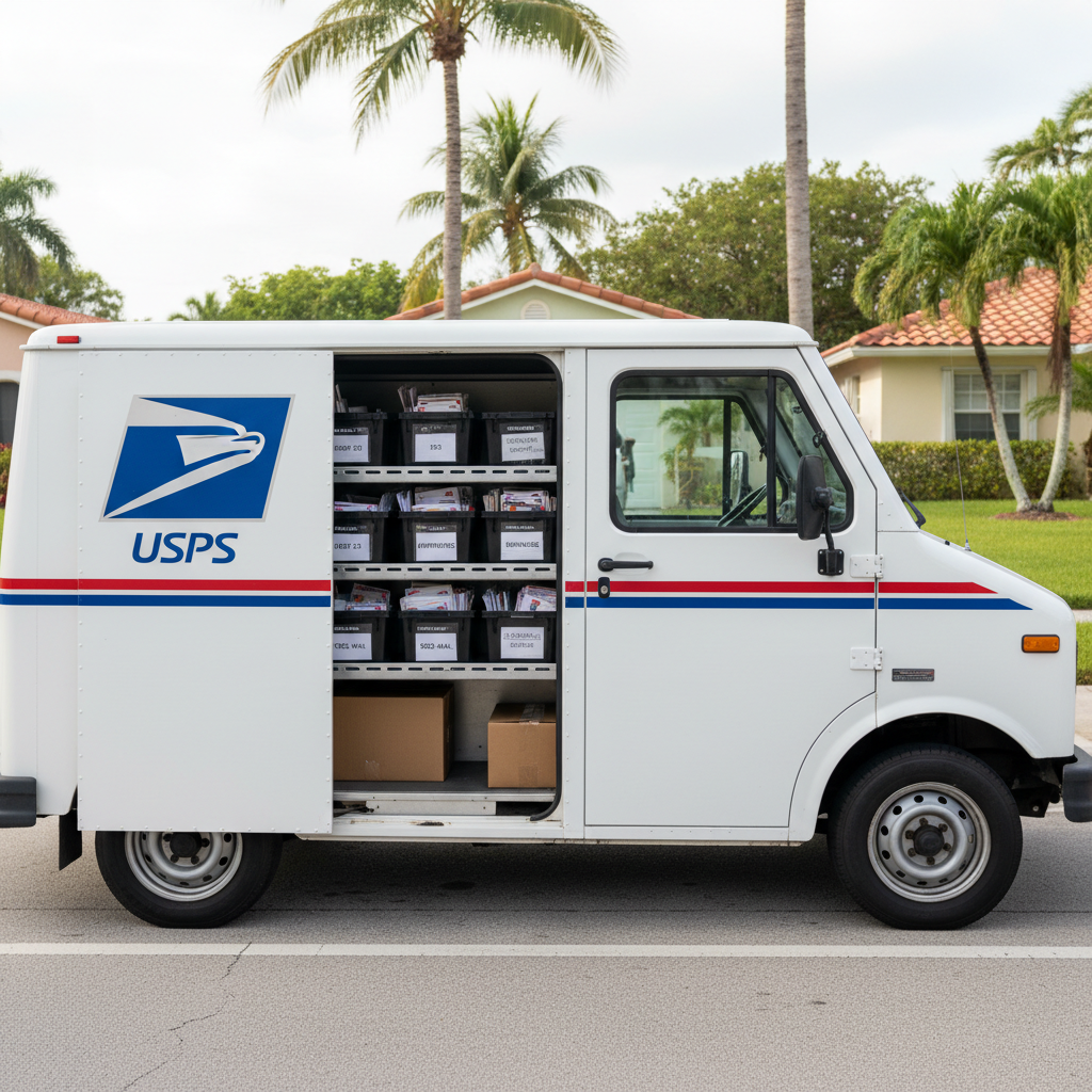 A well-maintained USPS Long Life Vehicle parked curbside along a quiet Miami residential street, its white body clean and reflective, with crisp red and blue striping and a clearly visible USPS logo. The sliding door is open to reveal neatly stacked trays of sequenced mail and parcels arranged in labeled tubs on metal shelves. Lush green lawns, pastel stucco homes, and a glimpse of palm trees line the route in the background, softly blurred. Bright, diffused mid-morning sunlight creates clear visibility inside the vehicle without harsh shadows. Captured in photographic realism from a slightly elevated side angle, the scene feels professional, calm, and instructional, emphasizing route organization and vehicle setup for new city carriers.